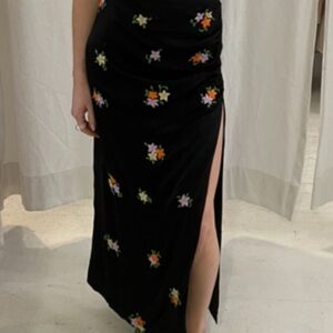 TACH NWT Black Maxi Skirt with Hand sewn Floral Embroidery Sz L Gorgeous detail